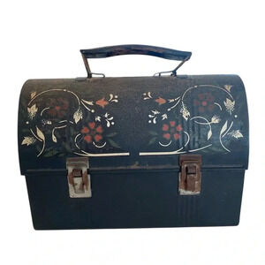 Antique Painted Metal 1950s Lunchbox Black No Thermos American Vintage Made USA